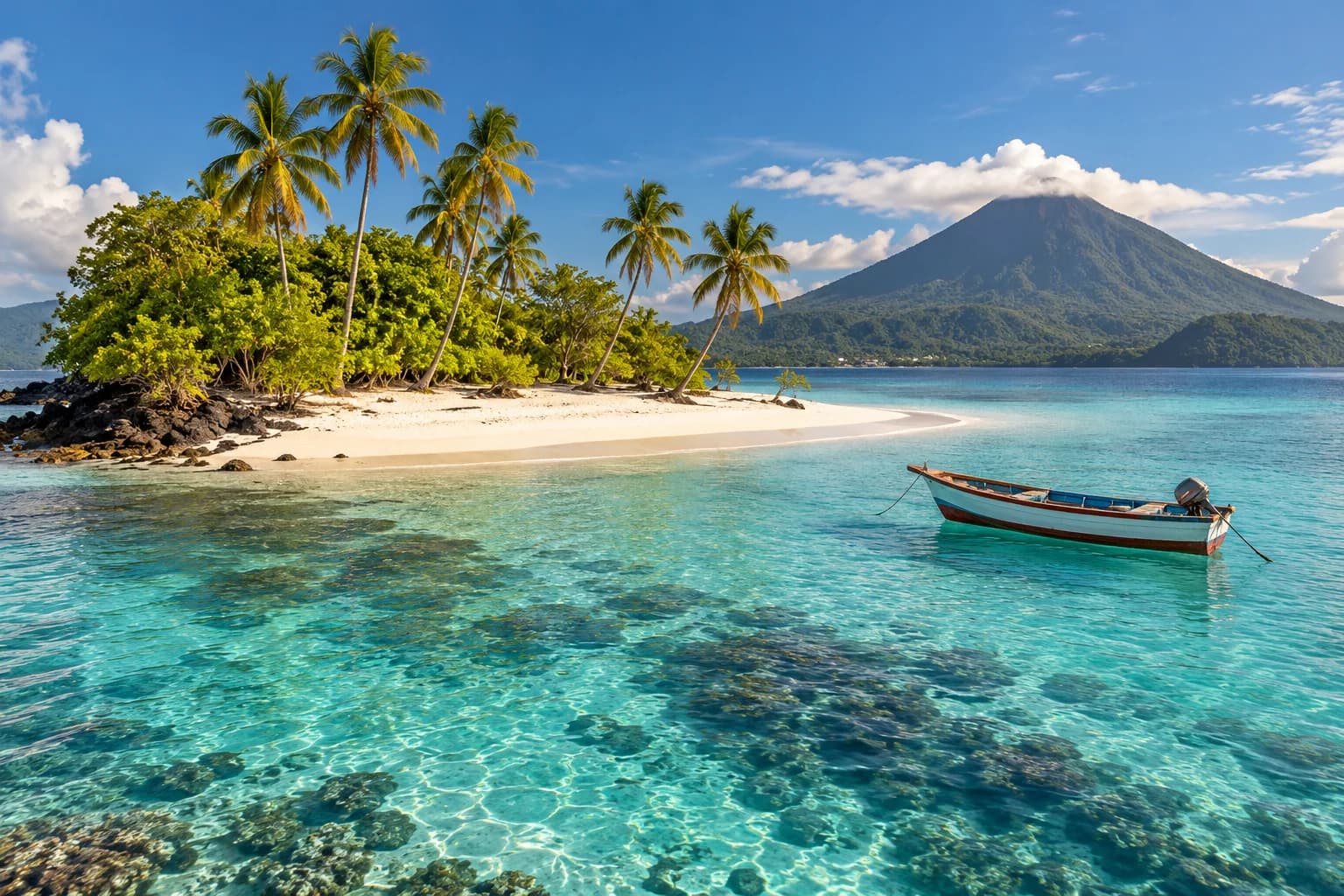 White sand island and turquoise sea in Maluku
