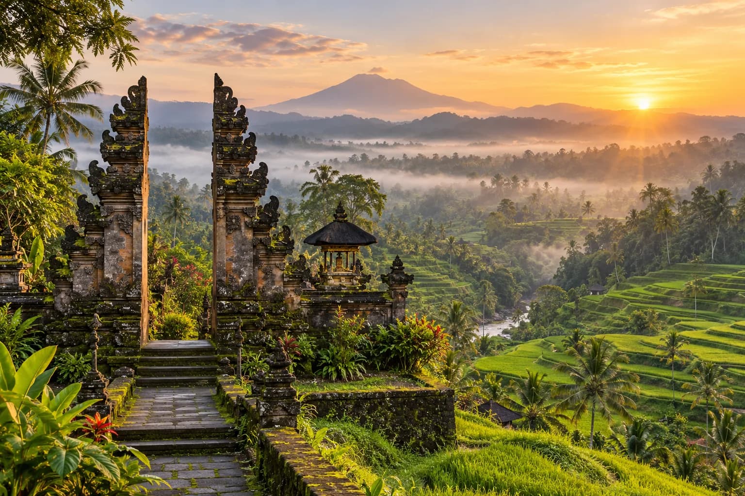 Balinese temple and emerald rice terraces at sunrise